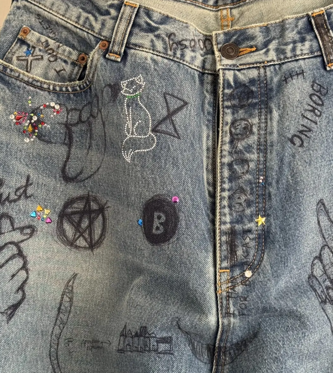 Balenciaga FW22 Rhinestone Scribble Baggy Denim