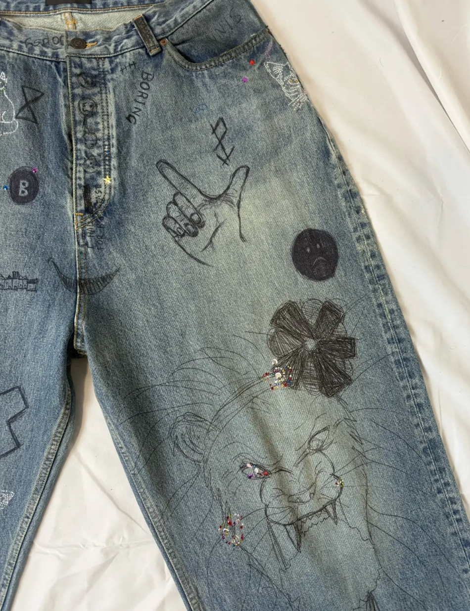 Balenciaga FW22 Rhinestone Scribble Baggy Denim