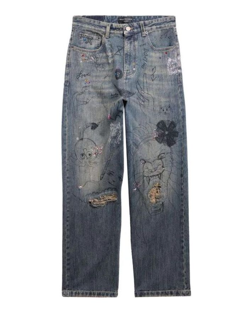 Balenciaga FW22 Rhinestone Scribble Baggy Denim